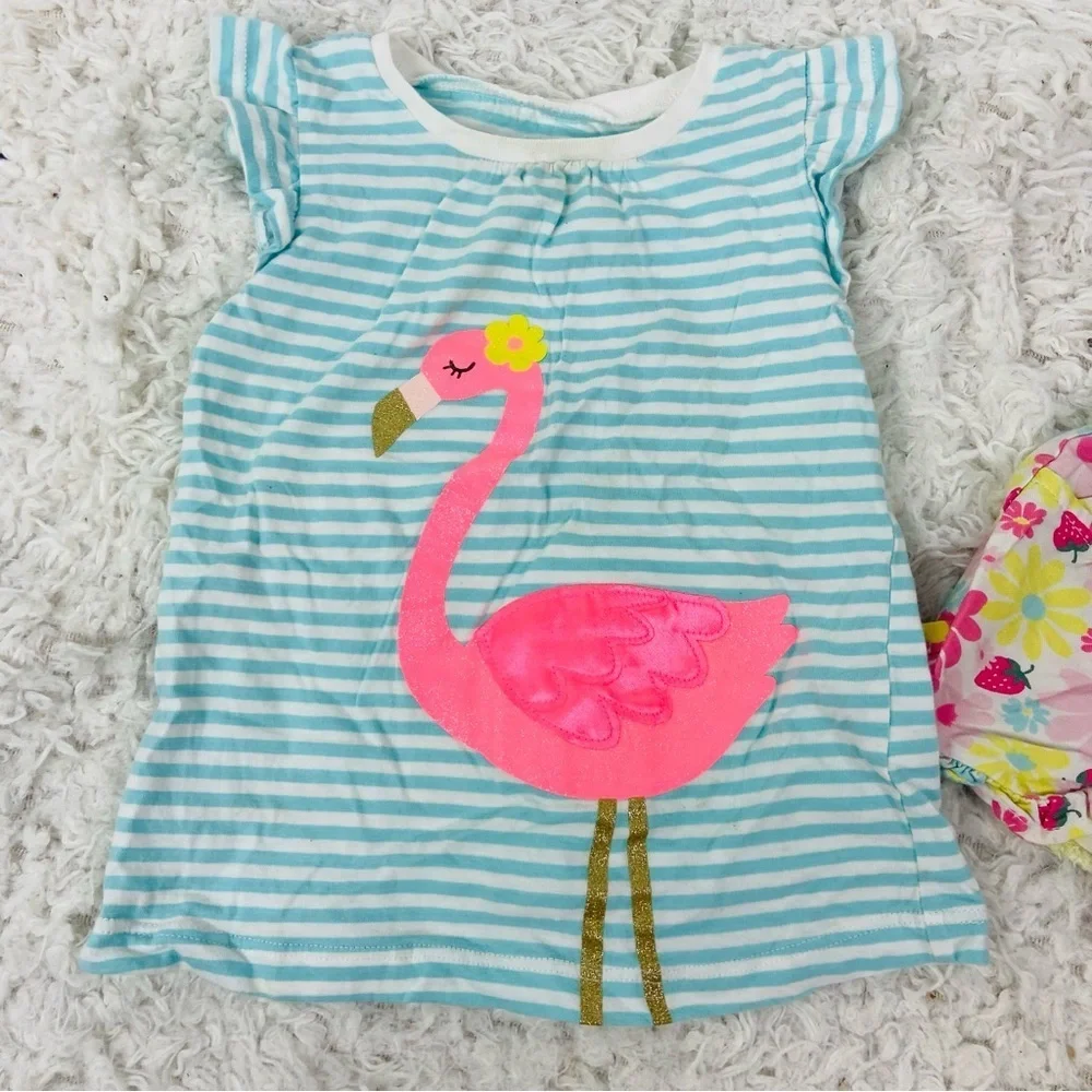 Carter's Blue and White Striped flamingo ruffle Top with pink floral shorts 3T - Picture 5 of 17